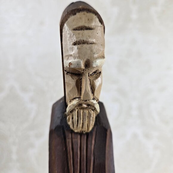 Hand Carved Wooden Monk Statue Two Tone Detailed Free Standing Sturdy Base VTG - Picture 6 of 11